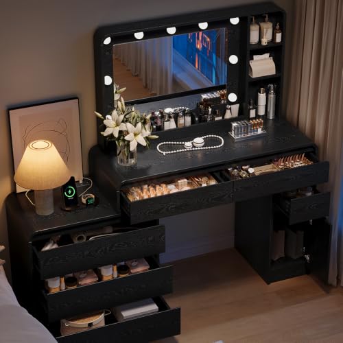 Image of 60.2 inch Makeup Vanity Desk with Charging Station, Black Makeup Dressing Table with Mirror & Lights, 3 Lighting Modes Adjustable Brightness, Vanity Table with Power Outlet and 6 Drawers
