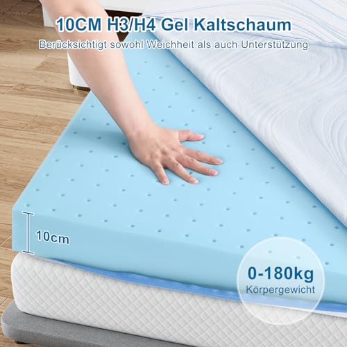 BedStory Topper 180x200cm H3 H4 aus 10cm Hoch Gel kaltschaum, Hart Matratzentopper für Bett Boxspringbett Schlafsofa Wohnwagen, Öko-TEX® Zertifiziert Matratzen Topper mit Waschbarer Bezug