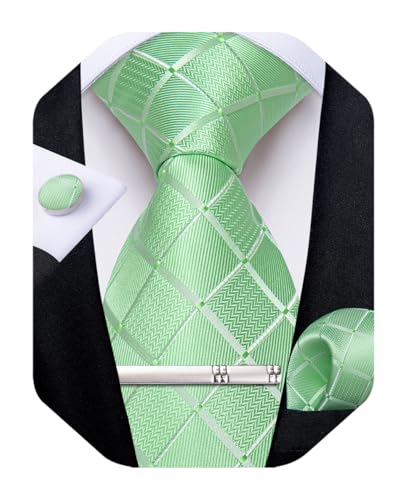 Image of DiBanGu Mens Silk Plaid Tie and Pocket Square Set | Elegant Silk Formal Tie Set, Woven Check Necktie and Cufflinks Tie Clip Set, Perfect for Wedding Party, Comes in Gift Box
