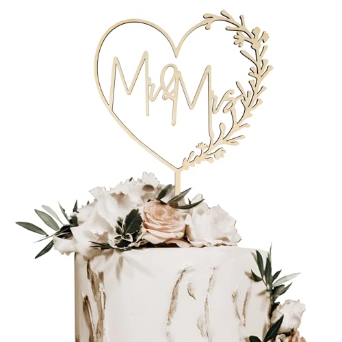 BETESSIN Decoración para Tarta de Boda, Adorno de Novios, Mr Mrs Corazón de Madera para Pastel, Despedida de Soltera y Boda de Oro