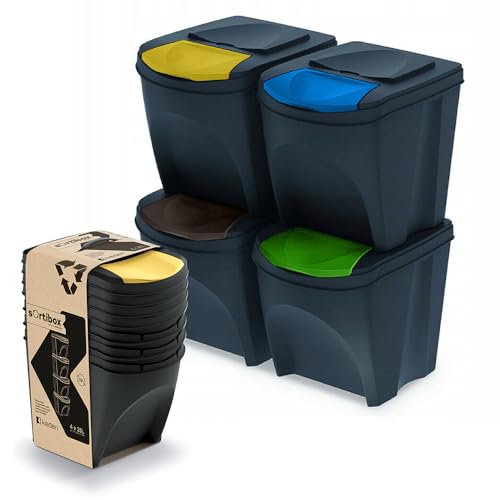 magubo Poubelle à 3 compartiments, système de tri sélectif à 3 compartiments, de qualité supérieure, robuste et spacieuse, 3 x 25 l, pour un tri efficace des déchets, noire, 3 x 25 l (Noir, 4x25L)
