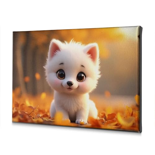 Toile chiot blanc et feuilles d'automne pour décoration murale de salle de bain