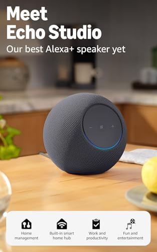 Amazon Echo Studio (newest model), compact design, immersive spat...