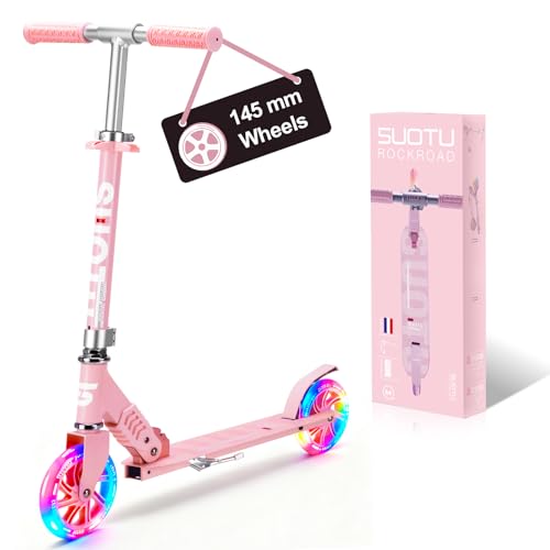 SUOTU Patinete Niño con Grandes Ruedas Iluminadas de 145 mm, Carga Máxima: 100 kg, Scooter para Niños de 3 a 12 Años, Plegable, Volante Ajustable Altura, Aluminio (Rosa)