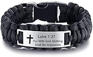 LF Mens Stainless Steel Luke 1 37 Bible Verse Outdoor Black Rope Paracord