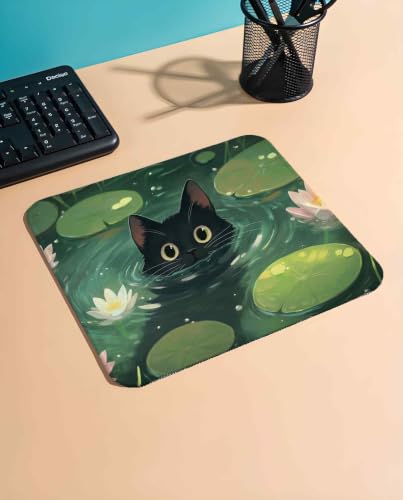 Image of Mouse Pad for Laptop & Desktop | 9x7 Inch Anti-Fray Stitched Edges | Non-Slip Rubber Base | Desk Setup Accessory for Students, Gamers & Professionals (Cat in Pond)
