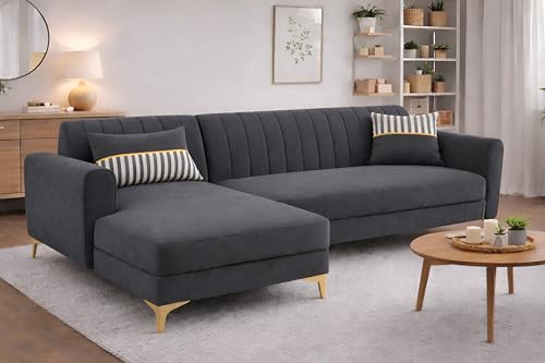 Image of Adorn India Premium Luster 6 Seater L Shape Sofa Set | Velvet Suede Fabric | 3-Year Warranty | LHS |Color Dark Grey with Golden Legs & Striped Pattern Cushion