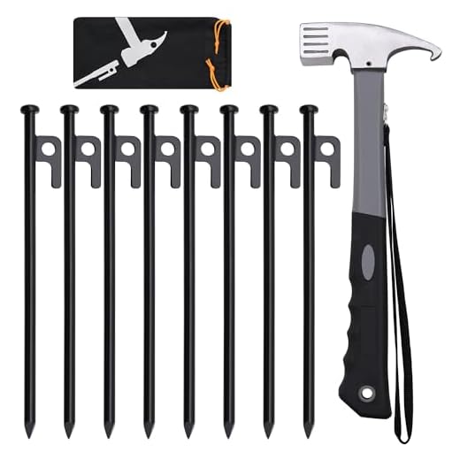 Tent Stakes and Hammer Set, 8/16pcs 10in Heavy Duty Forged Steel Tent Stakes + 12in Heavy Duty Camping Hammer + Storage Pouch, Available in Rocky Place Dessert Snowfield and Grassland