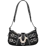 True Religion Denim Shoulder Bag, Everyday Purse with Adjustable Strap, Zip and Magnetic Snap Closure, Black