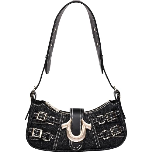 True Religion Denim Shoulder Bag, Everyday Purse with Adjustable Strap, Zip and Magnetic Snap Closure, Black