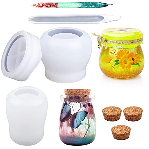 NECHEGI 3 Pcs Jar Resin Mold with Lid and Pen Mold, Silicone Epoxy Resin Mold for DIY Jewelry Box, Storing Bottles, Flower Pot(3 Pack)