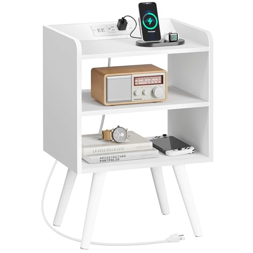 Image of Huuger Night Stand with Charger Station, White Nightstand, Bedside Table, 3 Tier End Table with Solid Wood Feet, Slanted Power Panel, Side Table with Storage for Bedroom