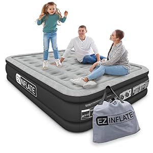 EZ INFLATE aufblasbare Luftmatratze mit eingebauter Pumpe, Luxus-Luftbett, aufblasbare Matratze für zu Hause, Camping, Reisen, luxuriöses Aufblasbett Queen schwarz / grau