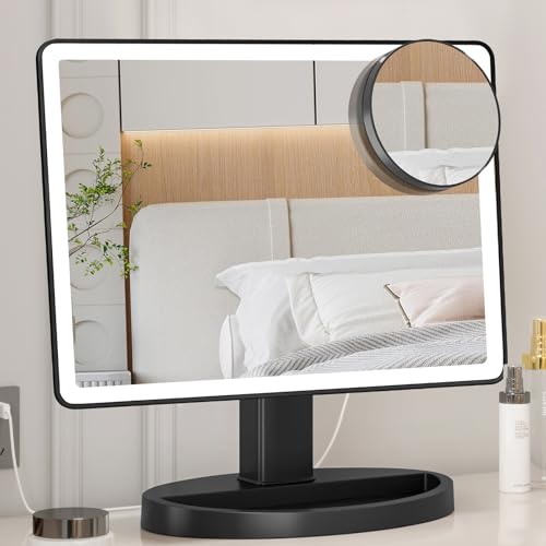 Espejo de Maquillaje Iluminado Grande con 3 Modos de Luz y Aumento 10X