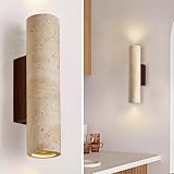 WOSBO Natural Yellow Travertine Wall Lamp, 11'H Long Linear Stone Wall Sconce with Stone Lampshade Wooden Base, Mid Century Modern Wall Sconces for Dining Room Bedroom Living Room Hallway (Indoor Use)