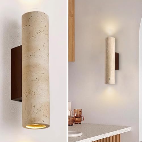 WOSBO Yellow Travertine Wall Sconce 11 H Alabaster Wall Sconce with Stone Lampshade Wooden Base Mid Century Modern Marble Wall Light Fixture for Dining Room Bedroom Living Room Hallway (Indoor)