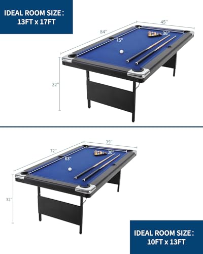 GAOMON 6/7 Foot Pool Table, Portable Billiard Tables, Foldable Small Pool Table, Mesa De Billar Includes Full Set of Billiard Balls, 2 Cue Sticks, Chalk & Felt Brush for Family Game Room Blue