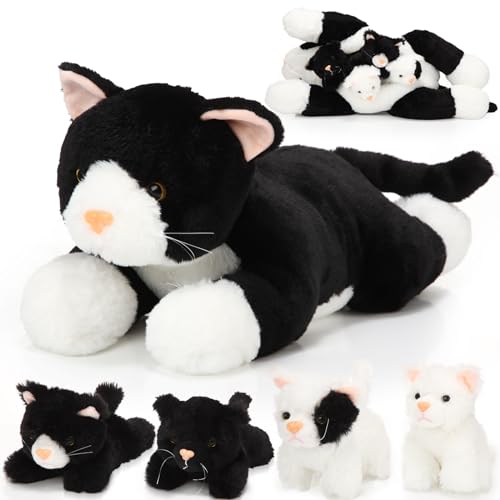 Skylety 5 Pieces Cat Stuffed Animal with Babies Inside Belly Plush Cat Pregnant Mommy Kitty with 4 Cute Fluffy Stuffed Kittens Christmas Birthday Surprise Gifts(Black, White)