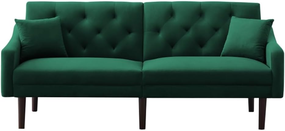 Armrest, Tufted Backrest and Tapered Solid Rubberwood Leg Sofa Bed, Green
