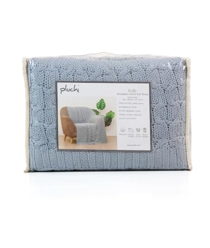 Image of Pluchi Kelly Knit Cotton Knitted Textured All Season AC Throw Blanket for Sofa (Luxurious,125cm X 150cm, 49 x 59 Inches) (Quarry Grey)
