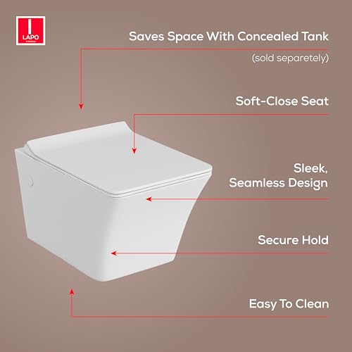 Image of LAPO P Trap Wall Hung Commode Ceramic Rimless Commode Toilet, Wall Hung Western Toilet With Soft Closing Toilete Seat (White, 21X14X14 Inch)-SPN
