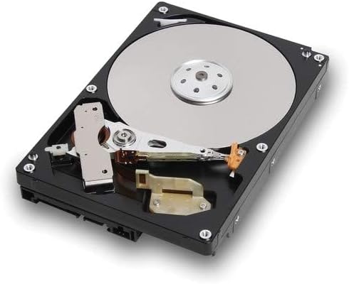Angled view of the Toshiba DT01ACA100 internal hard drive with its cover removed, highlighting the platter, read/write head, and internal circuitry.