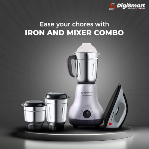 Image of DigiSmart 750W Mixer Grinder with 3 Stainless Steel Kitchen Mate Jars & 1150W Dry Iron Combo | Wet & Dry Grinding | Teflon Soleplate Iron | 2 Years Warranty | Grey & Black