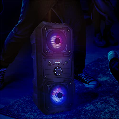 Image of Coby True Wireless Speaker with LED Lights | 16 inch Portable Speaker, Bluetooth Speaker | Auto-Pairing to Multiple Bluetooth Speakers | Mic Input, FM Radio, Aux Input | Wireless Speakers w / 8HR Playtime