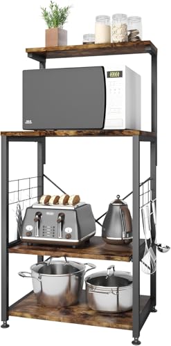Bestier 60cm Kitchen Bakers Rack with Open Storage Shelves, 4-Tier Microwave Stand with Side Hooks & X-Shaped Crossbar, Coffee Bar Table for Kitchen Storage, Rustic Brown