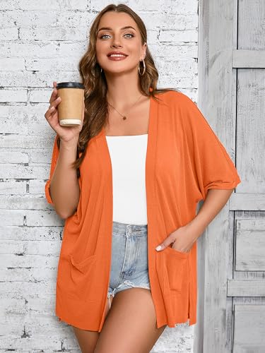 AusLook Plus Size Orange Cardigan for Women 5X Short Sleeve Lightweight Open Front Shrug with Pockets for Dresses and Layering — view 3