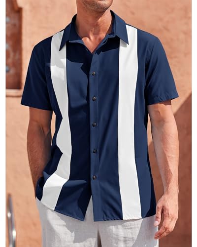 Mens Vintage Bowling Shirts Short Sleeve Button Down Guayabera Beach Shirts for Men - Image 3