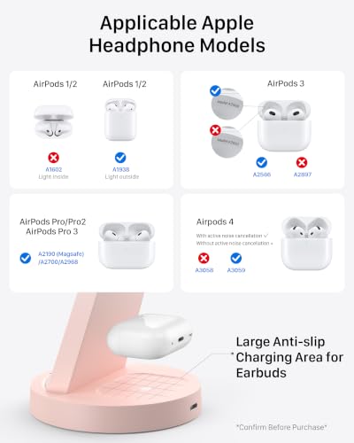 Image of Anlmz 3 in 1 Charging Station for iPhone, Wireless Charger for iPhone 17 16e 16 15 14 13 12 11 X Pro Max & Apple Watch - Charging Stand Dock for AirPods (Pink)