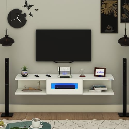 Image of Anikaa Vetra Wall Mount Modern Floating TV Unit for Living Room with Open Shelf Storage Cabinet & Middle Cabinet Blue LED Light (Ideal for 32 to 65 inch TV, DIY Installation, White Finish)