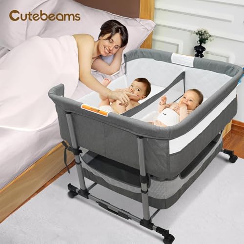 cutebeams Twin Bassinet for 2 Babies with 2-Pack Waterproof Sheets and Hanging Diaper Organizer, Bedside Double Bassinet for Twins, Rocking Bassinet for Baby with Storage Basket, Includes Mattress — view 2