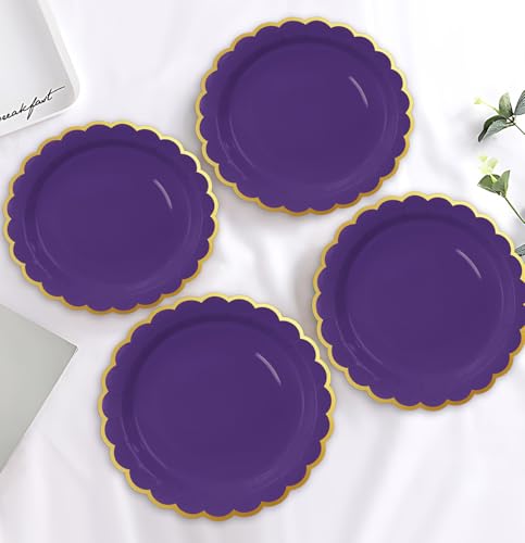 Image of HEIPINIUYE 50 Pieces Purple Paper Plates with Gold Foil 9 Inch Disposable Purple Scalloped Dinner Plates for Wedding Baby Shower Birthday Party Dessert Plate