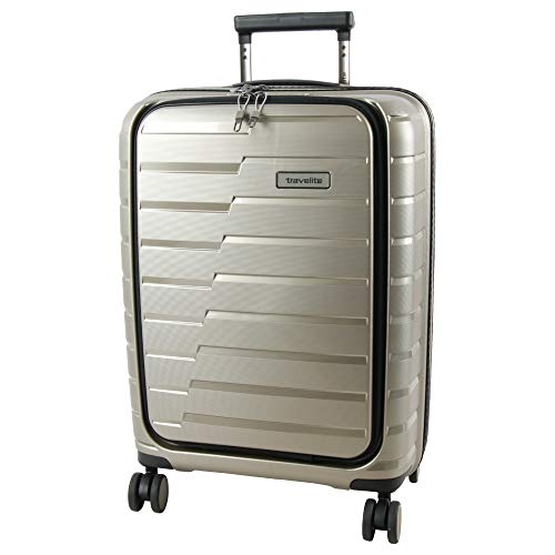 Travelite 4-Rad Handgepäck Koffer mit Vortasche erfüllt IATA-Bordgepäckmaß, Gepäck Serie AIR Base: Funktionaler Hartschalen Trolley im coolen Look, 075346-40, 55 cm, 43 Liter, Champagner (beige)