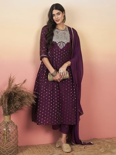 Image of INDO ERA Silk Wine A-Line Embroidered Kurta Trouser With Dupatta Set For Women
