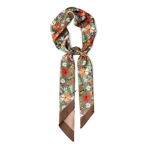 Pemilosci 59' Long Silk-Like Scarf - Fashion Head Scarf for Women - Satin Head Scarf - Green Brown Floral