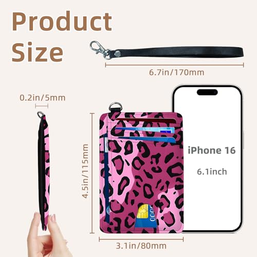 Credit Holder Slim Wallet, PU Leather RFID Blocking, Women & Men Front Pocket Small Card Holder, Credit Card Wallet with Wristlet, Convenient Travel Business, Pink Leopard Print2