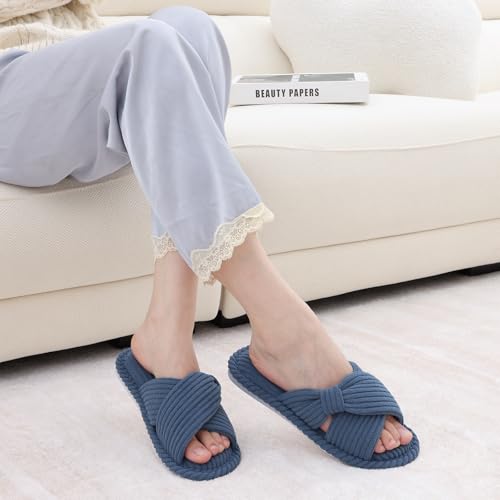 Image of Evshine Summer House Slippers for Women Corduroy Cross Bow Indoor Slippers Open Toe Slip On Bedroom Shoes with Memory Foam