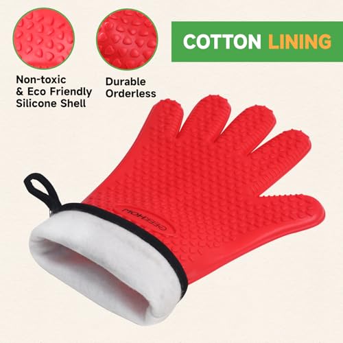 Image of GEEKHOM BBQ Gloves Heat Resistant Oven Mitts - Silicone Grilling Gloves with 13.7 inch Arm Protection - Waterproof Pot Holder Non-Slip for Men & Women, Kitchen Outdoor Cooking, Baking, Camping, Red