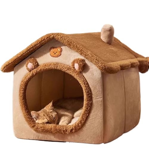 【Vlfn】 ペットハウス 冬 保温 全面取り外し洗える 屋根付き クマ耳 デザイン 猫 小型犬 用 組み立て簡単 収納コンパクト 滑り止め ベッド かわいい 洗える 省スペース ブラウン グレー (カフェ色のクマの家,Lサイズ:45x40x45cm 推奨