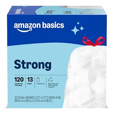 Amazon Basics Trash Bags, Tall Kitchen Drawstring, Unscented, 13 Gallon, 120 Count, Pack of 1, Packaging May Vary