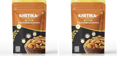 Image of Khetika Premium California Almonds | 200g | Dry Fruits, Almond, Badam, Badam Giri, Rich in Fiber, Boost Immunity, Healthy Nutritious Snacks, Whole Crunchy Almonds (Pack of 2)