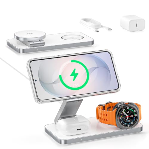 3 in 1 Magnetic Wireless Charger for Samsung, Qi2 25W Fast Charging Station Compatible with MagSafe for Galaxy S26/S25/S24/S23/Ultra/Plus/Z Fold/Flip, Watch Ultra/8/7/6/5 & Buds (35W Adapter)-White