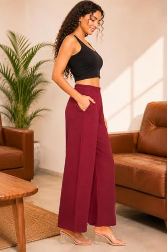 Image of Women Airy Linen Wide Leg Pants | High Waist Casual Summer Trousers | Lightweight Breathable Palazzo Pants BPWLCB01 PRT