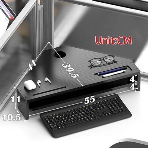 Double-Layer Black Monitor Stand Riser, Corner Shelf with 2 Slots & Storage, Triangle Design for Universal Office Use, Enhance Desktop Organization & Comfort