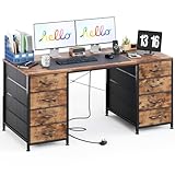 CAIYUN 47'' Computer Desk with 8 Fabric Drawers, Home Office Desk with Power Outlets, Modern Table with Large Storage for Writing, Study, Rustic Brown