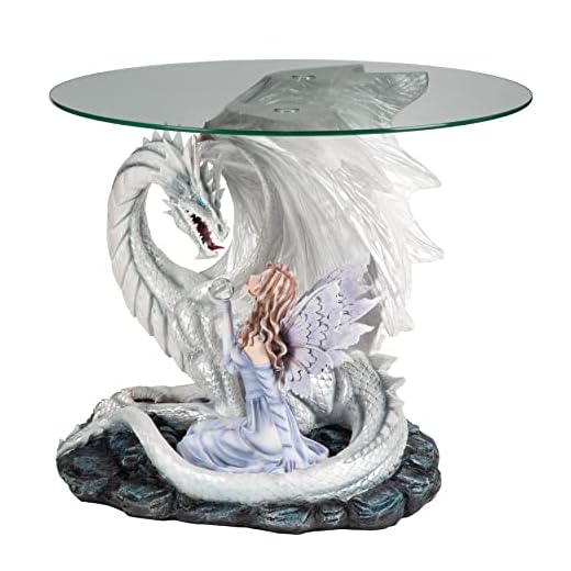 George S. Chen Imports 27" H Round Glass Top Medieval White Dragon with Fairy Statue End Side Table Fantasy Gothic Home Decoration