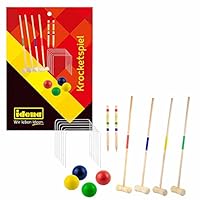 Krocketspiel aus Holz mit Schlägern, Bällen, Metalltoren und Zielmarkierungsstäben, im praktischen Tragenetz, unterhaltsames Freizeitspiel für den Garten und Park - Idena 40609